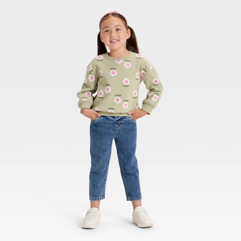 slide 3 of 3, Toddler Girls' Floral Fleece Pullover Sweatshirt - Cat & Jack™ Olive Green 2T, 1 ct
