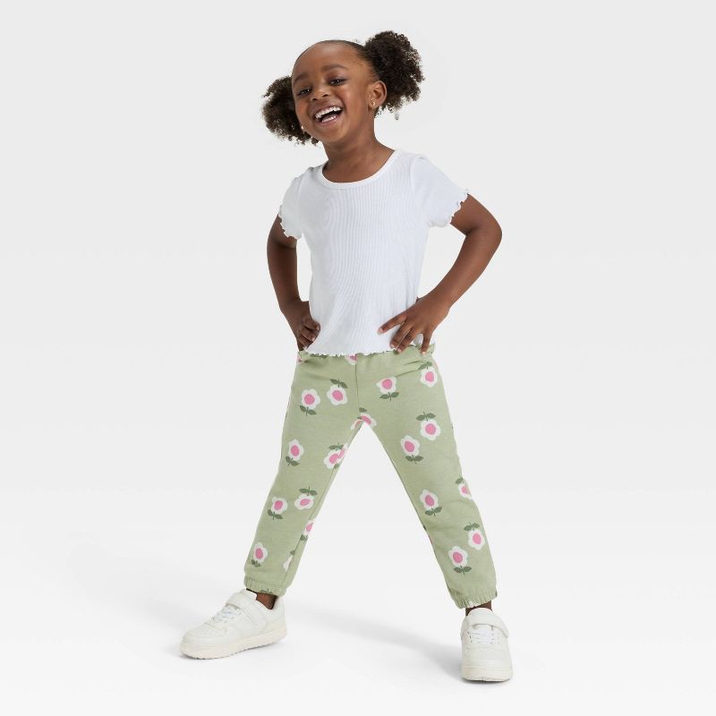 slide 3 of 3, Toddler Girls' Floral Fleece Jogger Pants - Cat & Jack™ Olive Green 18M, 1 ct