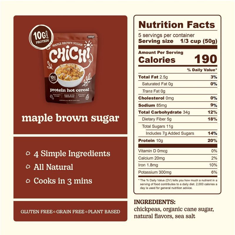 slide 3 of 9, ChiChi Maple Brown Sugar Protein Chickpea Hot Cereal - 8.8oz, 8.8 oz