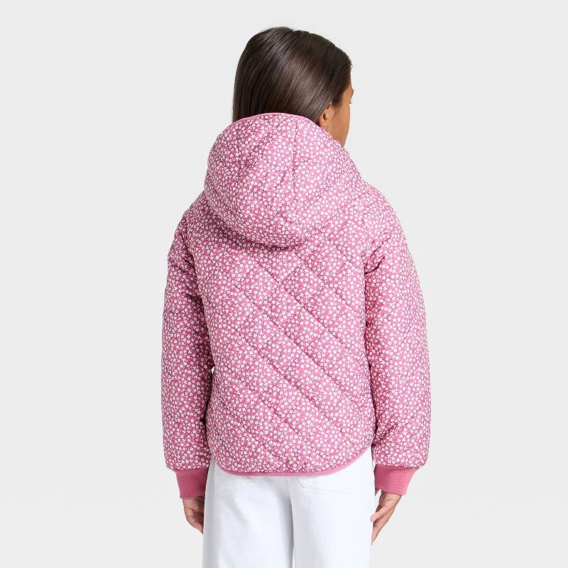 slide 2 of 4, Girls' Floral Printed Hooded Reversible Puffer - Cat & Jack™ Rose Pink XS, 1 ct