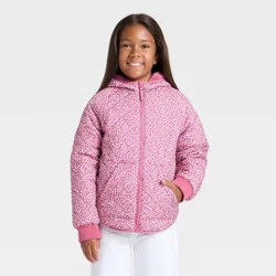Girls' Floral Printed Hooded Reversible Puffer - Cat & Jack™ Rose Pink S