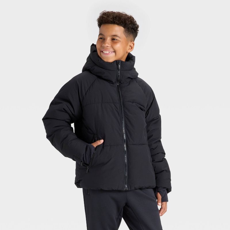 slide 1 of 3, Boys' Puffer Hooded Jacket - All In Motion™ Black S, 1 ct