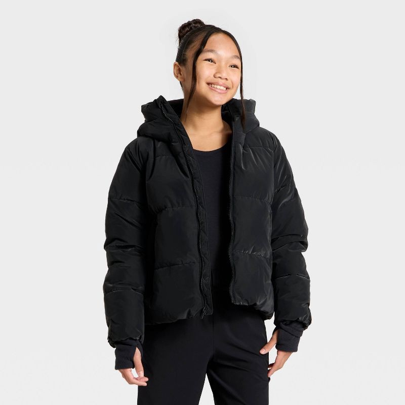 slide 1 of 3, Girls' Puffer Jacket - All In Motion™ Black L, 1 ct