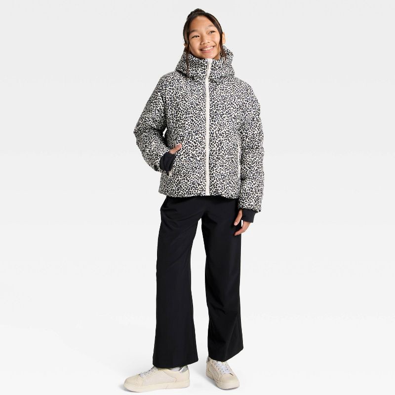 slide 3 of 3, Girls' Leopard Printed Puffer Jacket - All In Motion™ Cream L, 1 ct