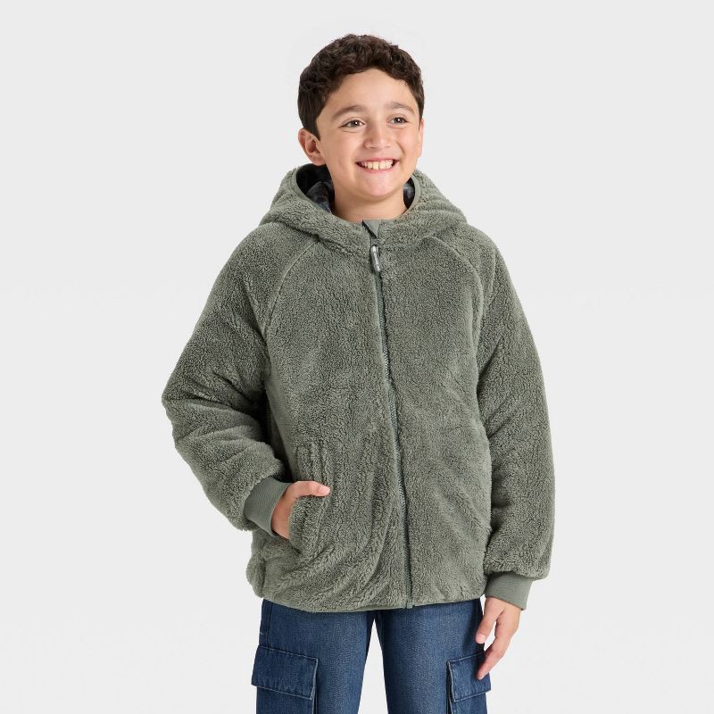 slide 3 of 4, Boys' Denoeye Printed Hooded Reversible Puffer - Cat & Jack™ Olive Green S, 1 ct