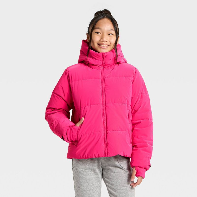 slide 1 of 3, Girls' Puffer Jacket - All In Motion™ Dark Pink S, 1 ct