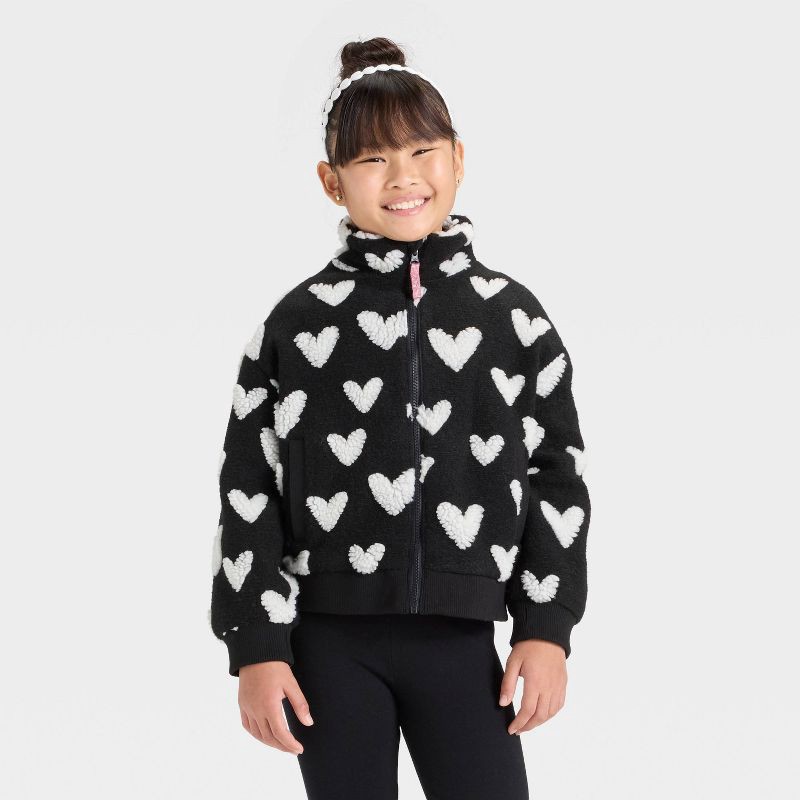 slide 1 of 3, Girls' Hearts Fleece Jacket - Cat & Jack™ Black M, 1 ct