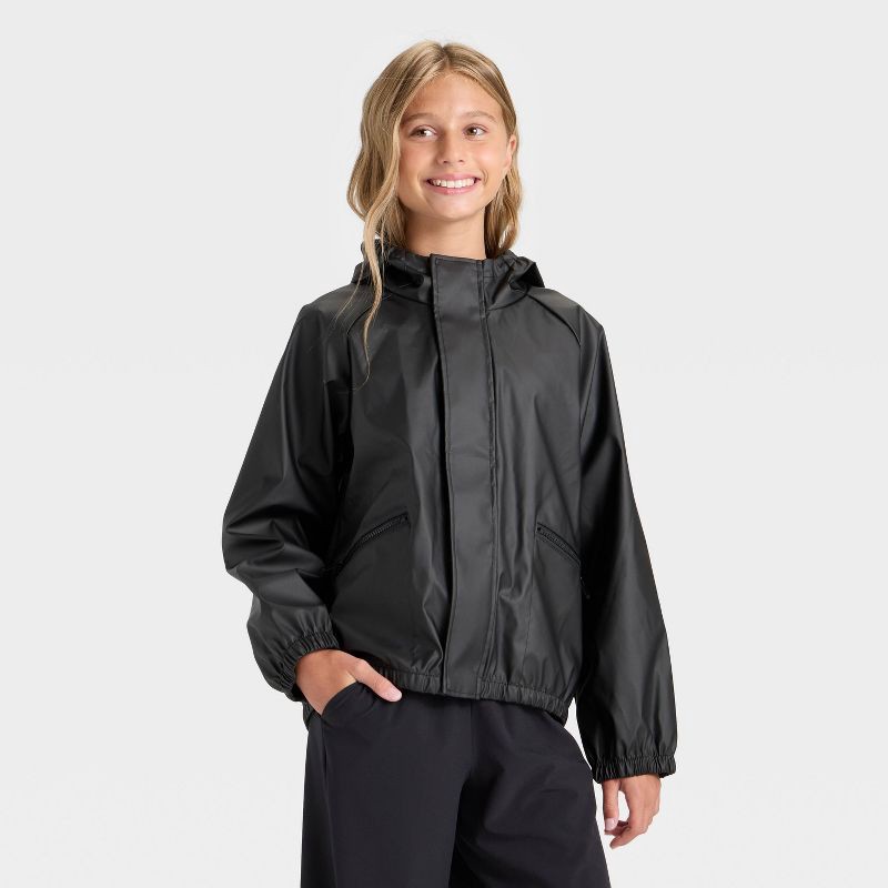 slide 1 of 3, Girls' Hooded Rain Coat - All In Motion™ Black S, 1 ct