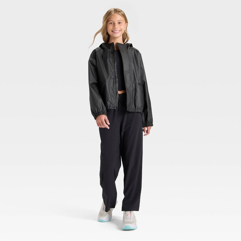 slide 3 of 3, Girls' Hooded Rain Coat - All In Motion™ Black M, 1 ct