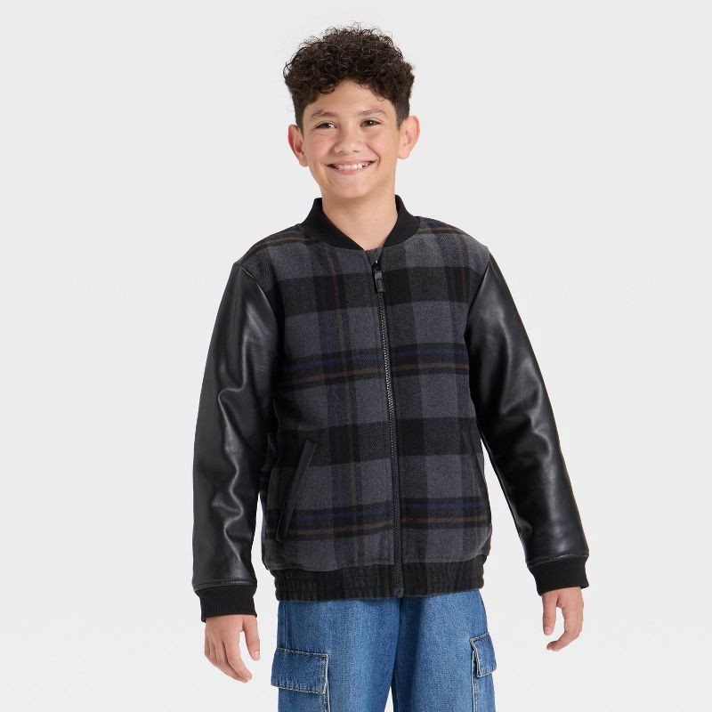 slide 1 of 3, Boys' Plaid Bomber Jacket - Cat & Jack™ Black XS, 1 ct