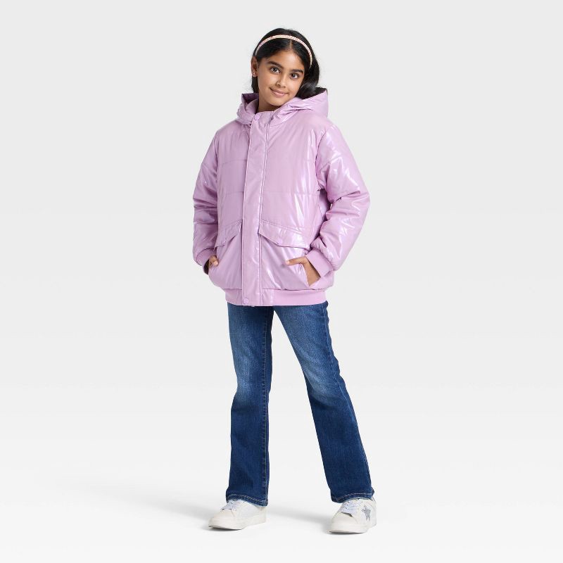 slide 3 of 3, Girls' Hooded Puffer Jacket - Cat & Jack™ Mauve L, 1 ct