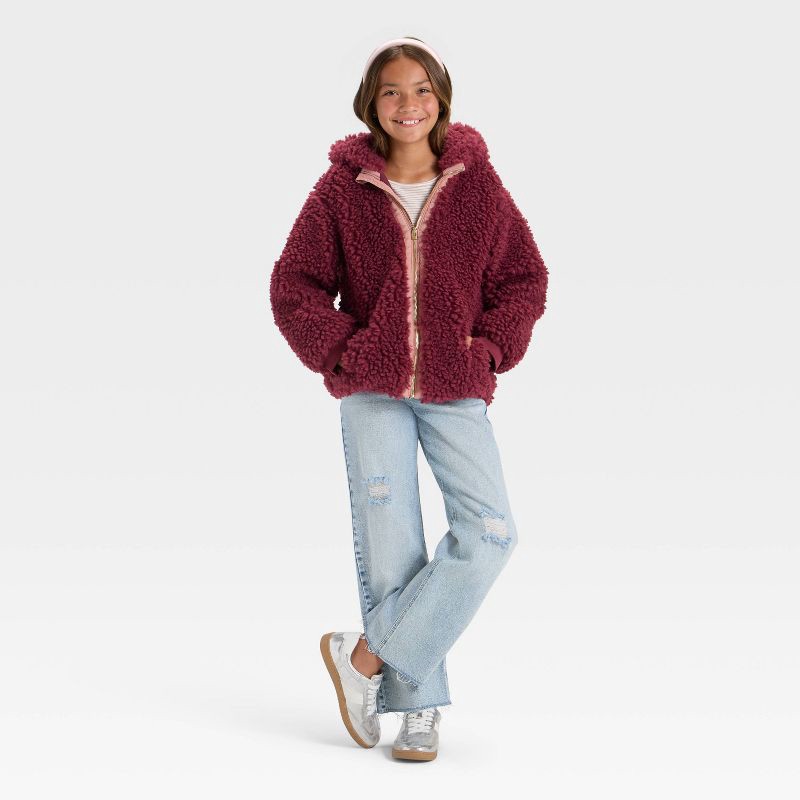slide 3 of 3, Girls' Faux Shearling Hooded Jacket - art class™ Maroon M, 1 ct