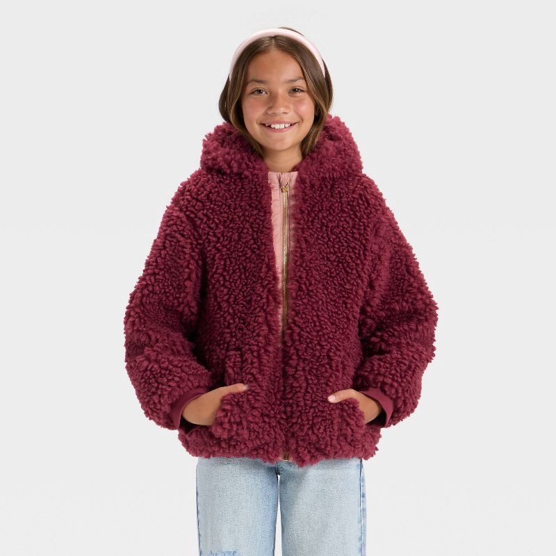 slide 1 of 3, Girls' Faux Shearling Hooded Jacket - art class™ Maroon M, 1 ct