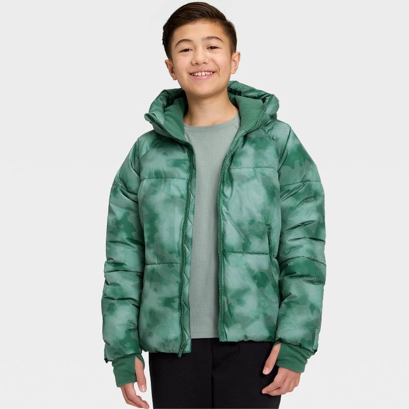 slide 3 of 3, Boys' Puffer Hooded Jacket - All In Motion™ Green S, 1 ct