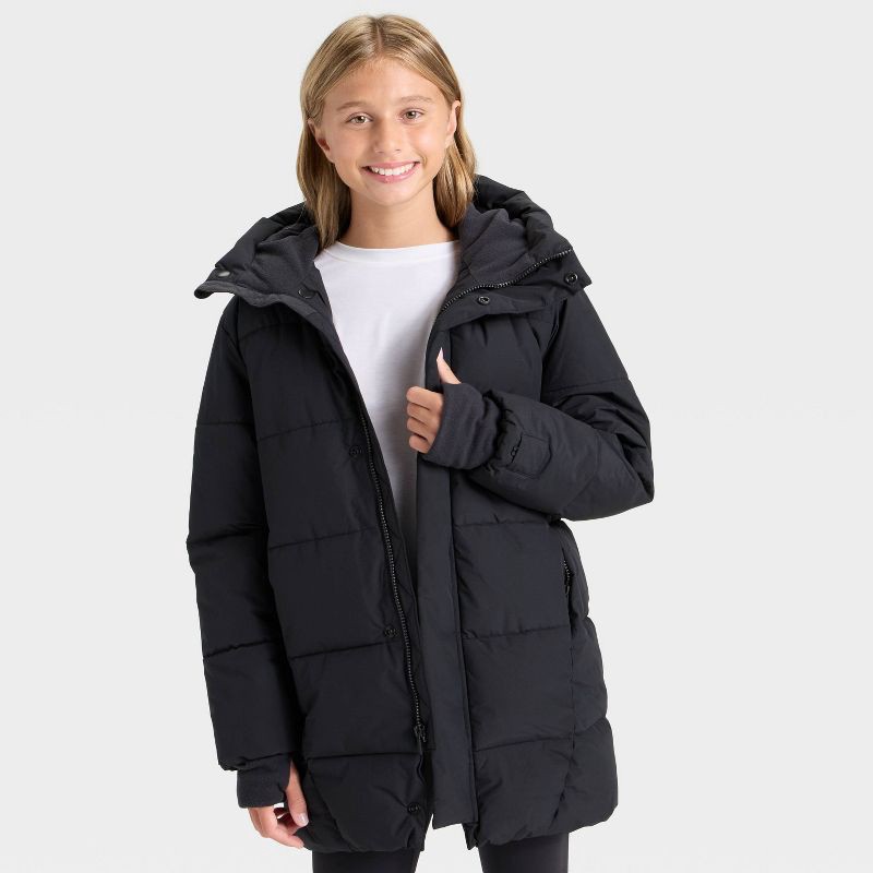 slide 3 of 3, Girls' Hooded Puffer Jacket - All In Motion™ Black L, 1 ct