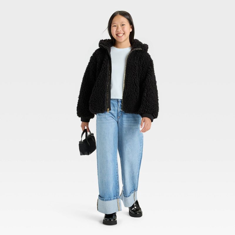 slide 3 of 3, Girls' Faux Shearling Hooded Jacket - art class™ Black L, 1 ct