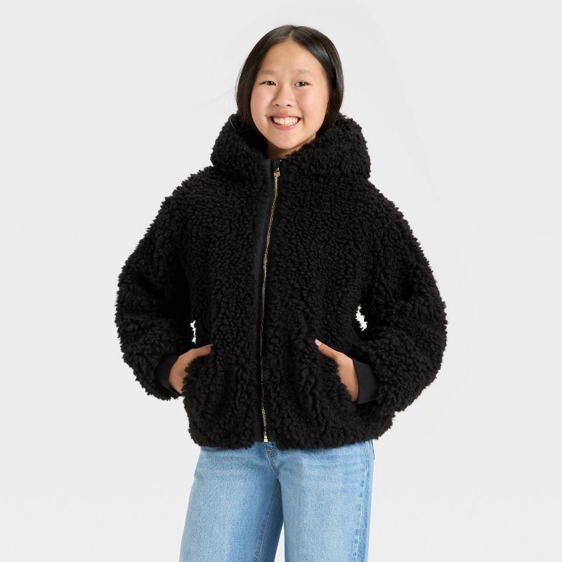 slide 1 of 3, Girls' Faux Shearling Hooded Jacket - art class™ Black L, 1 ct