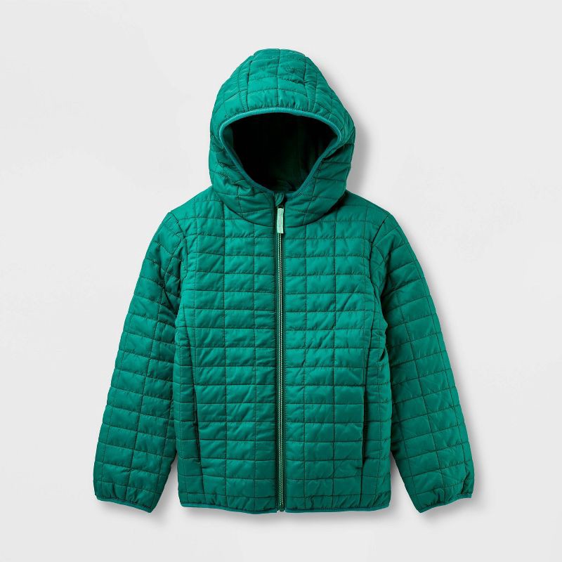 slide 1 of 3, Kids' Hooded Puffer Jacket - Cat & Jack™ Dark Green XS, 1 ct
