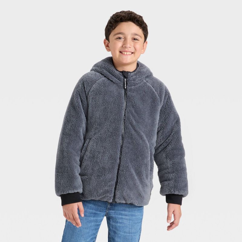 slide 3 of 4, Boys' Hooded Reversible Puffer - Cat & Jack™ Black/Gray L, 1 ct