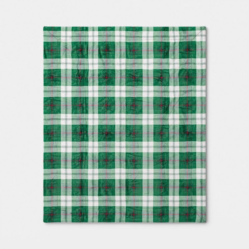 slide 3 of 5, Plaid Plush Throw Blanket with Faux Shearling Reverse Green - Threshold™, 1 ct