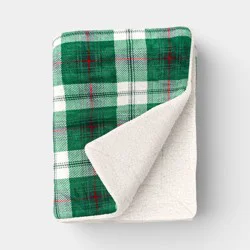Plaid Plush Throw Blanket with Faux Shearling Reverse Green - Threshold™