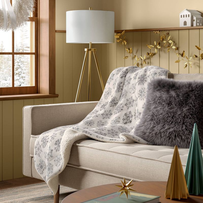 slide 2 of 5, Snowflake Plush Throw Blanket with Faux Shearling Reverse Gray -Threshold™, 1 ct