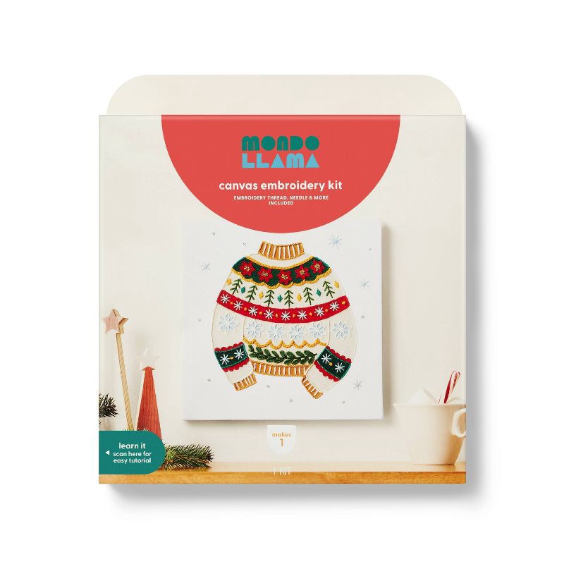slide 1 of 4, Christmas Craft Sweater Embroidery Canvas Kit - Mondo Llama™, 1 ct