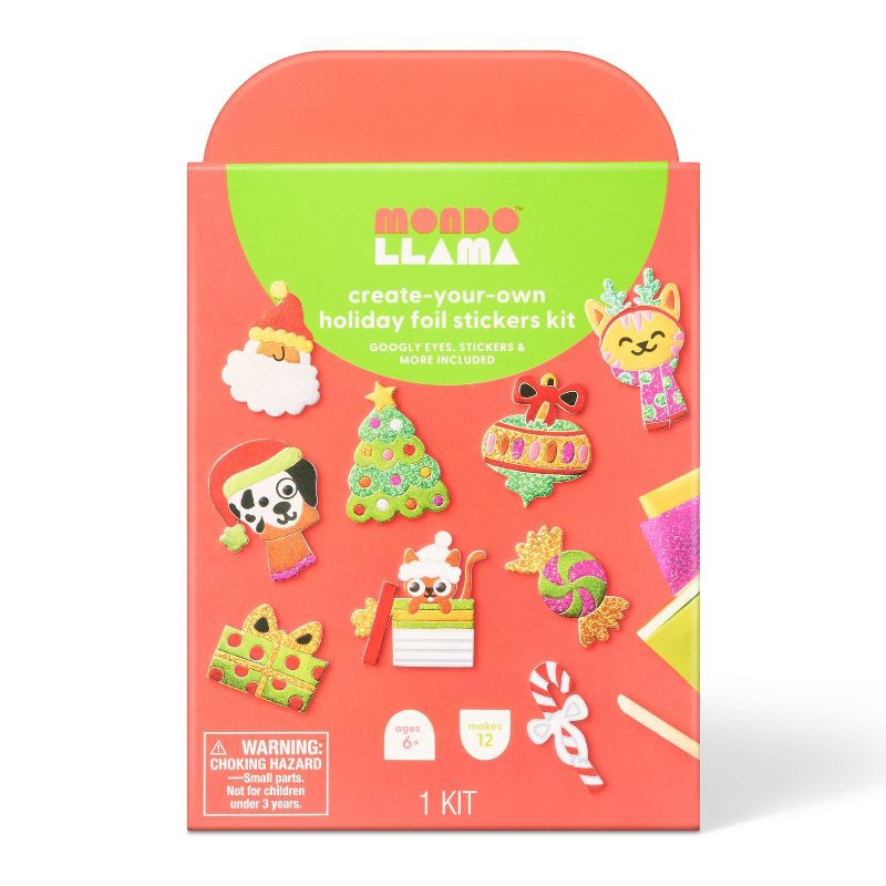 slide 1 of 4, Christmas Craft 12ct Foil Art Holiday Icon Stickers Activity Kit - Mondo Llama™, 12 ct