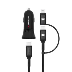 Monster 35W Dual Port 6' Long Cable Car Charger Bundle 1 USB-C and 1 USB-A Port