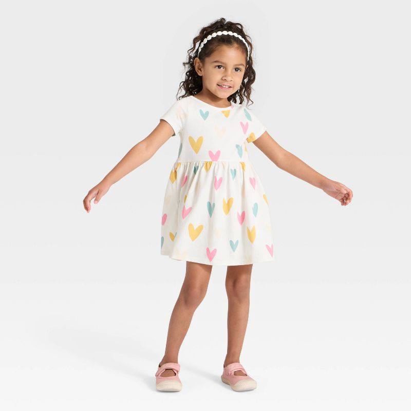 slide 3 of 3, Toddler Girls' Short Sleeve Hearts Dress - Cat & Jack™ Cream 18M, 1 ct