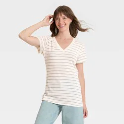 Women's Short Sleeve V-Neck T-Shirt - Universal Thread™ Cream Striped XS