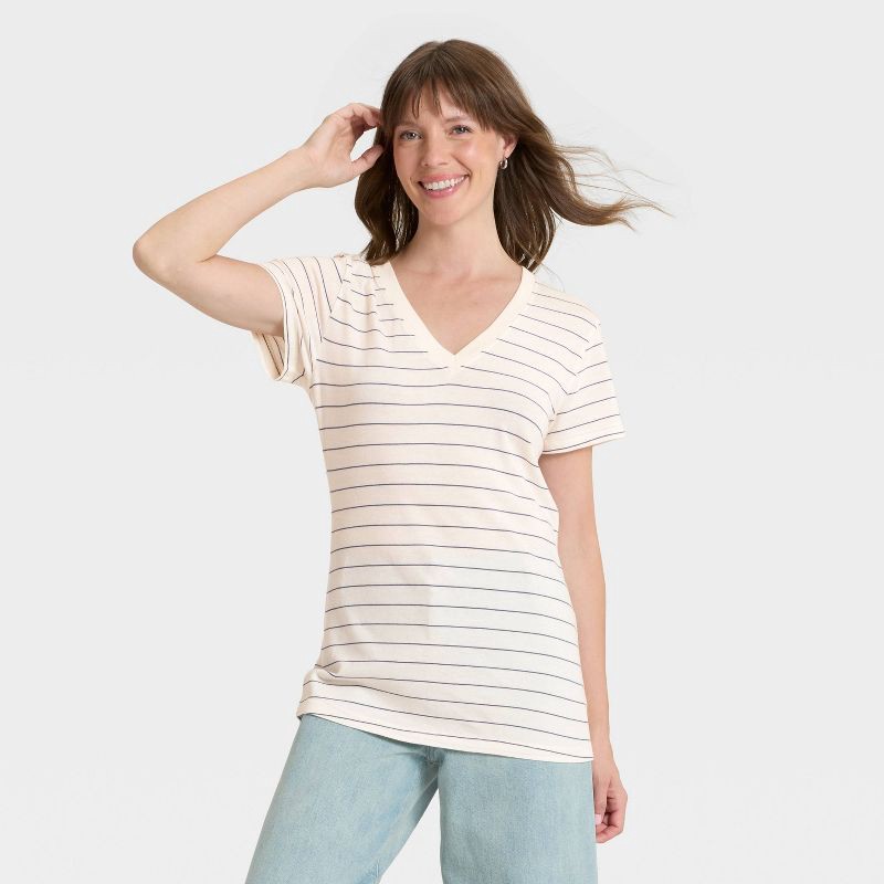 slide 1 of 4, Women's Short Sleeve V-Neck T-Shirt - Universal Thread™ Cream Striped M, 1 ct