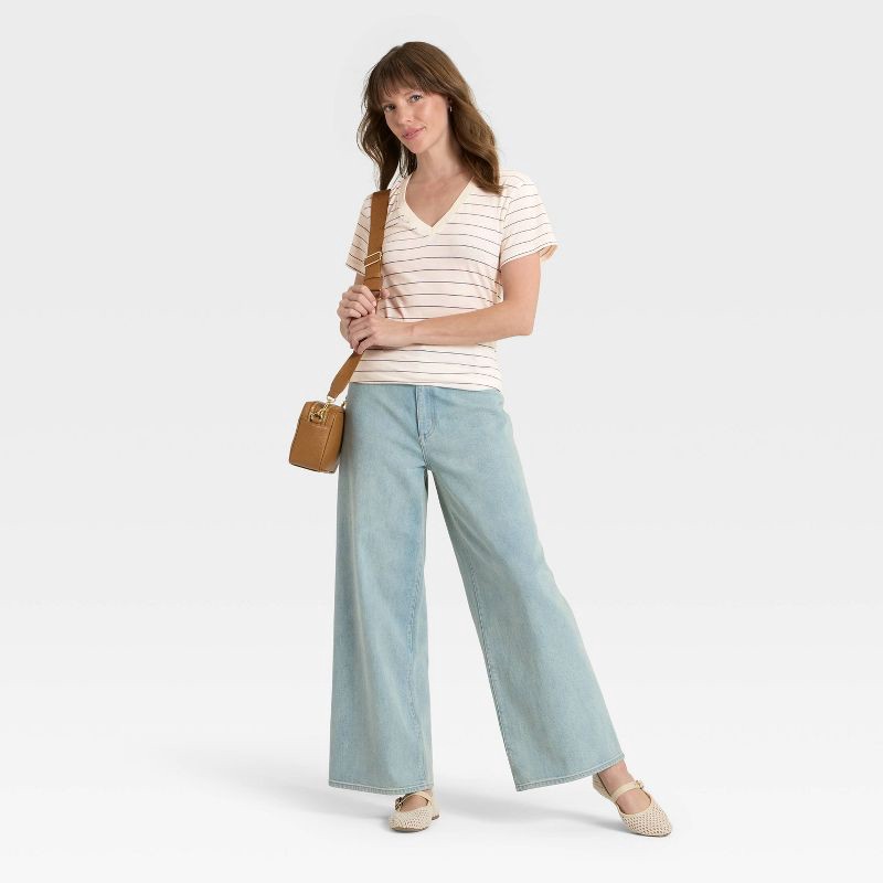 slide 3 of 4, Women's Short Sleeve V-Neck T-Shirt - Universal Thread™ Cream Striped XL, 1 ct