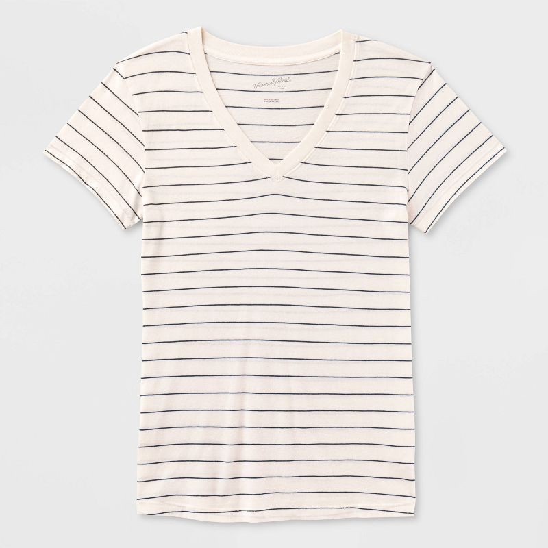 slide 4 of 4, Women's Short Sleeve V-Neck T-Shirt - Universal Thread™ Cream Striped XL, 1 ct