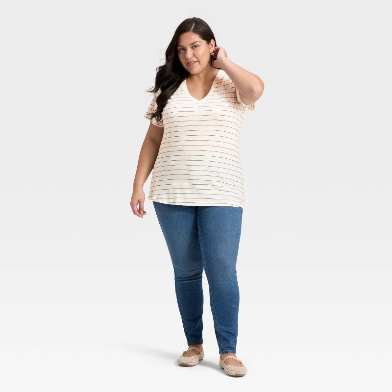 slide 3 of 4, Women's Short Sleeve V-Neck T-Shirt - Universal Thread™ Cream Striped XXL, 1 ct