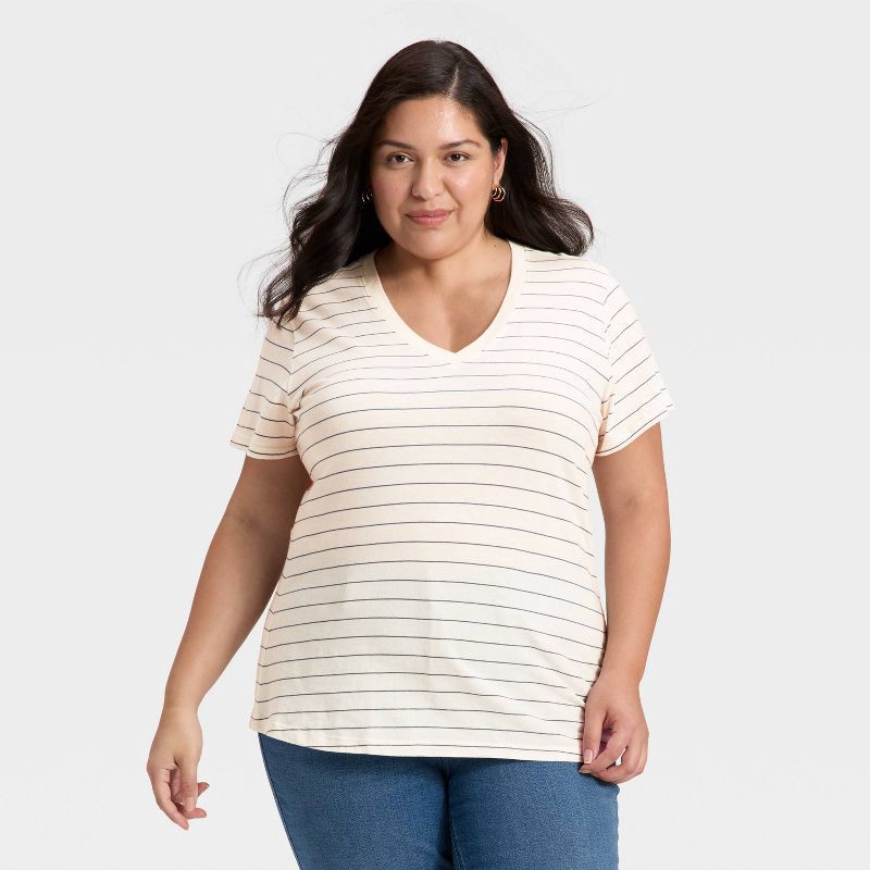 slide 1 of 4, Women's Short Sleeve V-Neck T-Shirt - Universal Thread™ Cream Striped XXL, 1 ct