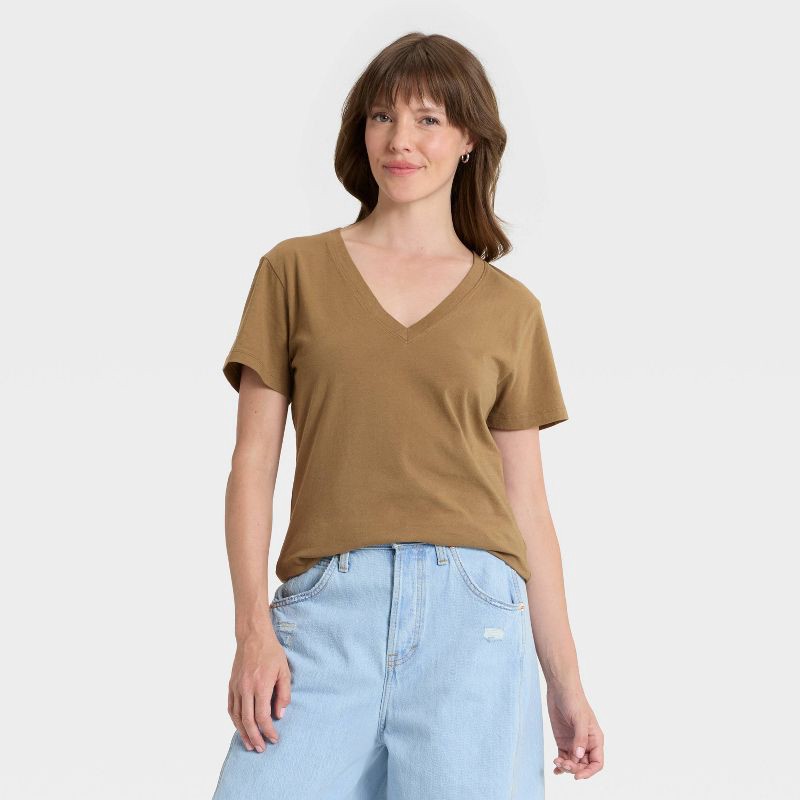 slide 1 of 4, Women's Short Sleeve V-Neck T-Shirt - Universal Thread™ Brown S, 1 ct