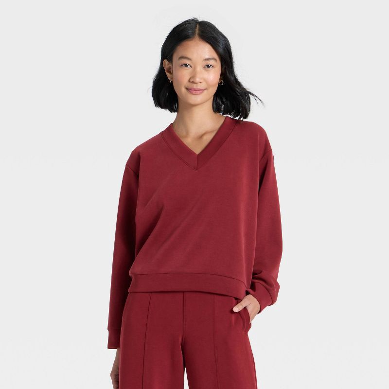 slide 1 of 4, Women's Sandwash Sweatshirt - A New Day™ Maroon L, 1 ct