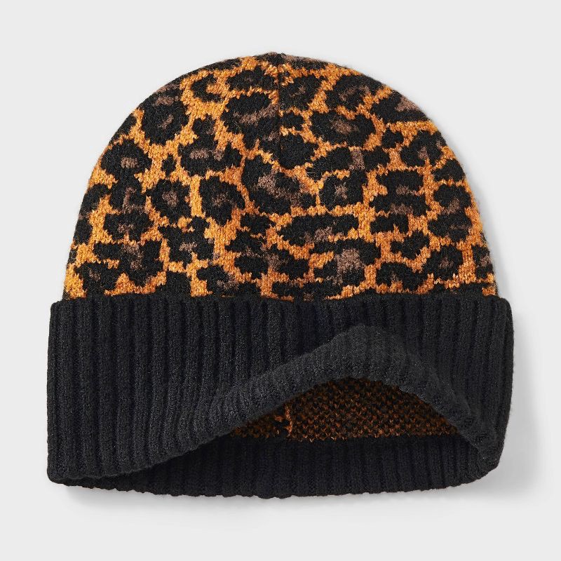slide 3 of 4, Essential Cuffed Leopard Print Beanie - Universal Thread™ Brown/Black, 1 ct