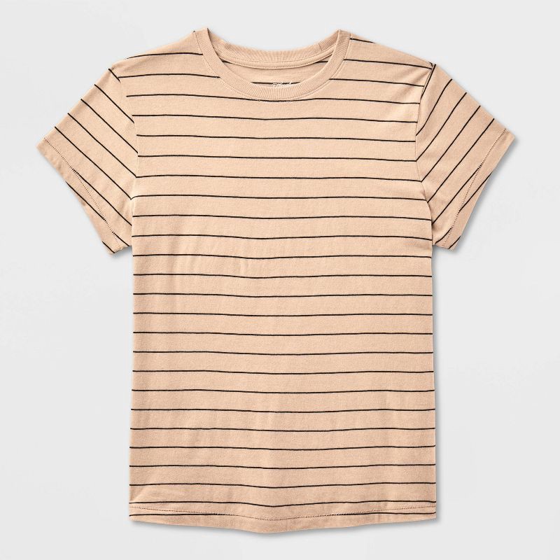slide 4 of 4, Women's Short Sleeve Crewneck T-Shirt - Universal Thread™ Tan Striped XS, 1 ct