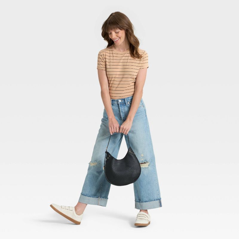 slide 3 of 4, Women's Short Sleeve Crewneck T-Shirt - Universal Thread™ Tan Striped M, 1 ct