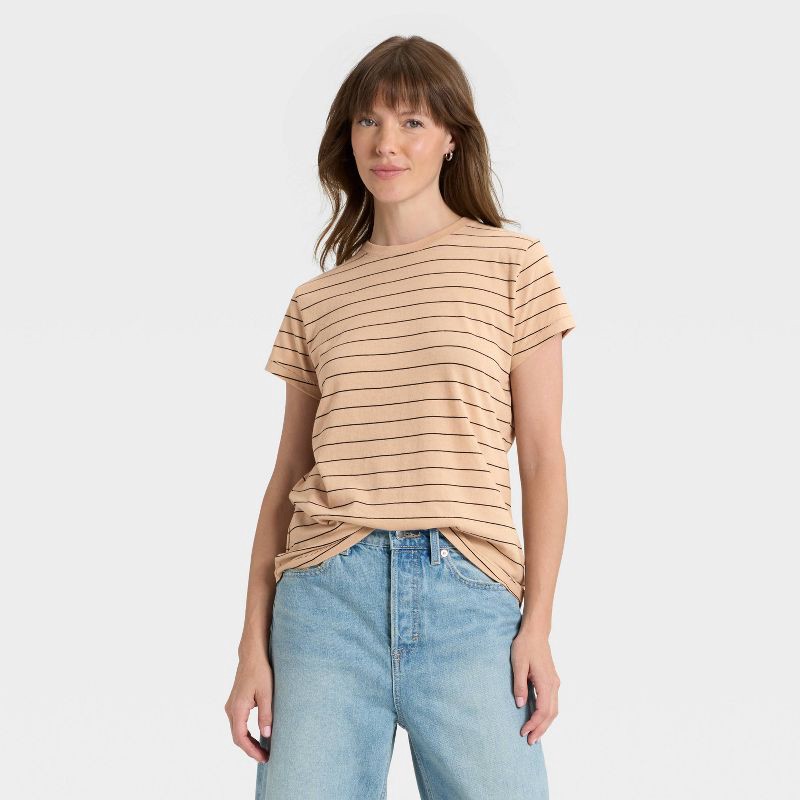 slide 1 of 4, Women's Short Sleeve Crewneck T-Shirt - Universal Thread™ Tan Striped M, 1 ct