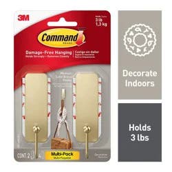 Command 2pk Damage-Free Hanging Medium Decorative Satin Brass Hooks for Holiday Decoration