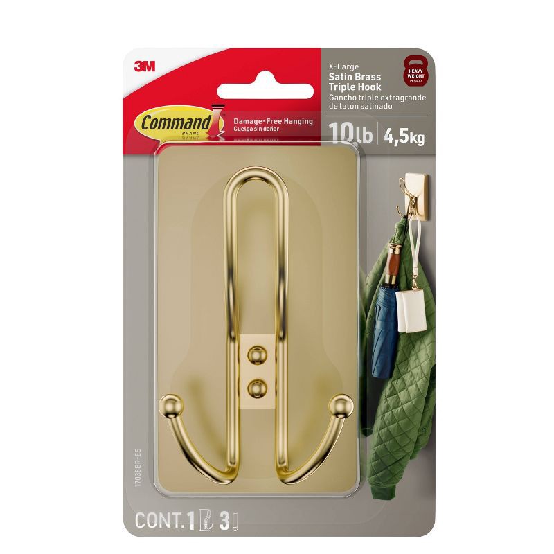 slide 1 of 9, Command Extra Large Satin Brass Triple Hook, 1 ct
