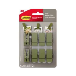 Command Spring Clips 8 Hooks and 12 Strips Olive