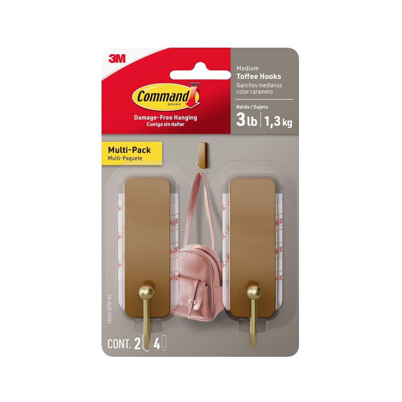 slide 1 of 7, Command Damage-Free Medium 2 Hooks and 4 Strips Toffee, 1 ct
