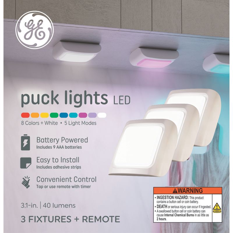 slide 2 of 4, GE Household Lighting GE 3pk Dimmable RGBW Puck Lights, 3 ct