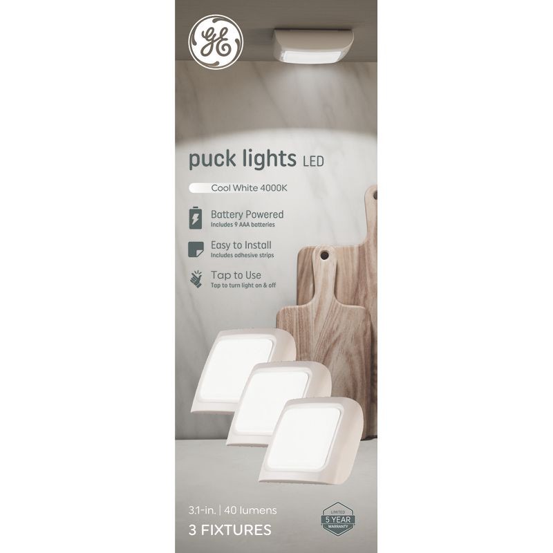 slide 1 of 4, GE Household Lighting GE 3pk Battery Puck Lights, 3 ct