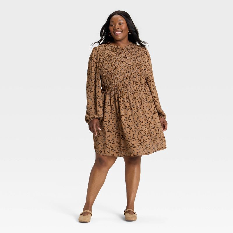 slide 3 of 3, Women's Bishop Long Sleeve Button-Up Smocked Mini Dress - Ava & Viv™ Tan Floral XXL, 1 ct