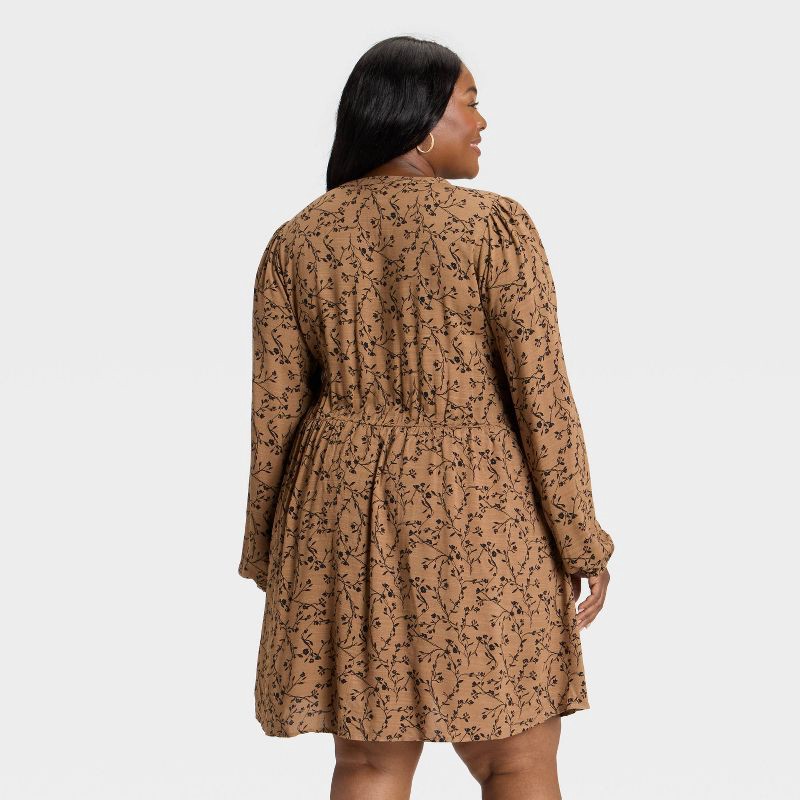slide 2 of 3, Women's Bishop Long Sleeve Button-Up Smocked Mini Dress - Ava & Viv™ Tan Floral 1X, 1 ct